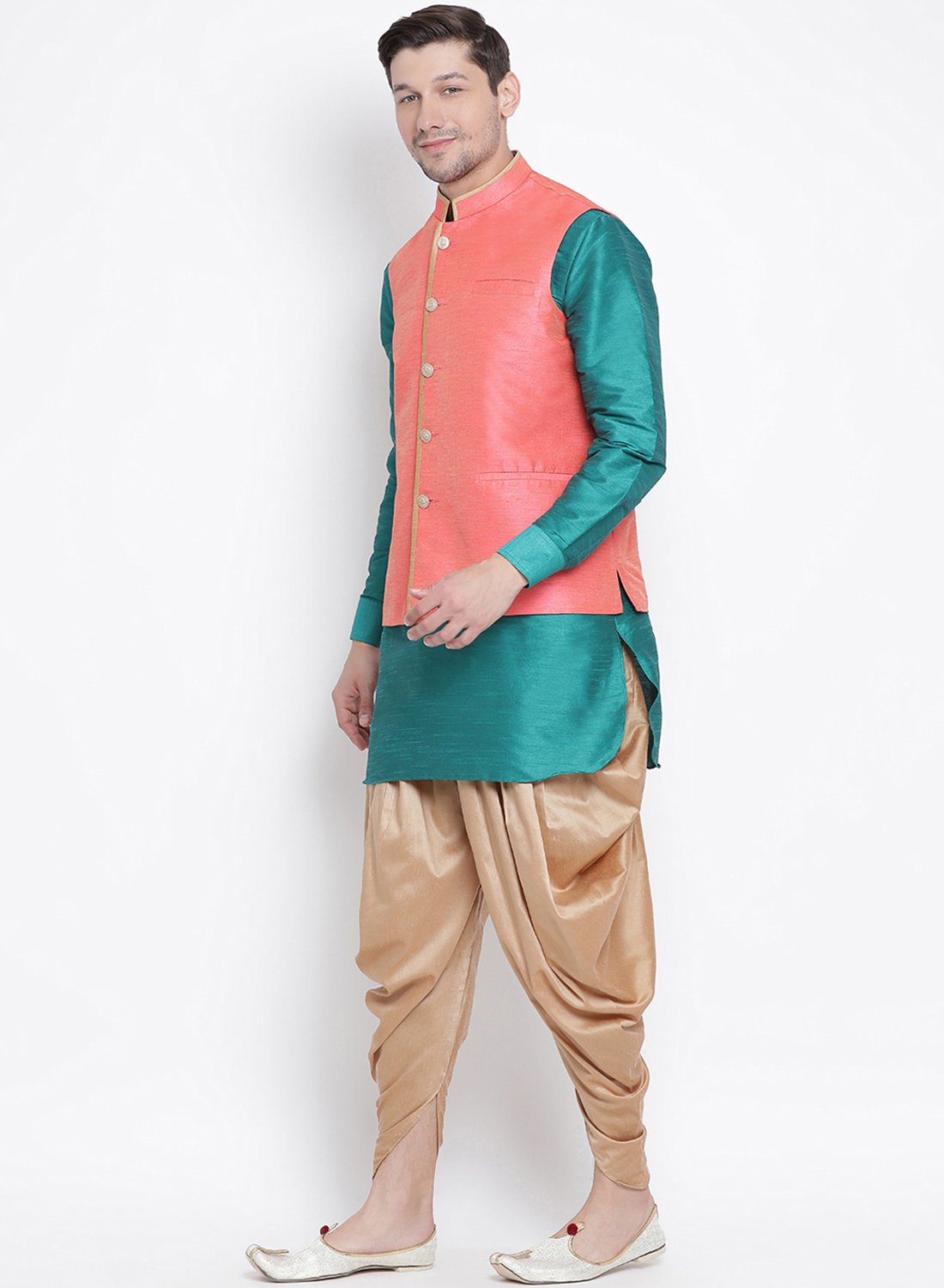 Men's Green Cotton Silk Blend Ethnic Jacket, Kurta and Dhoti Pant Set