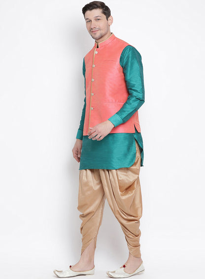 Men's Green Cotton Silk Blend Ethnic Jacket, Kurta and Dhoti Pant Set