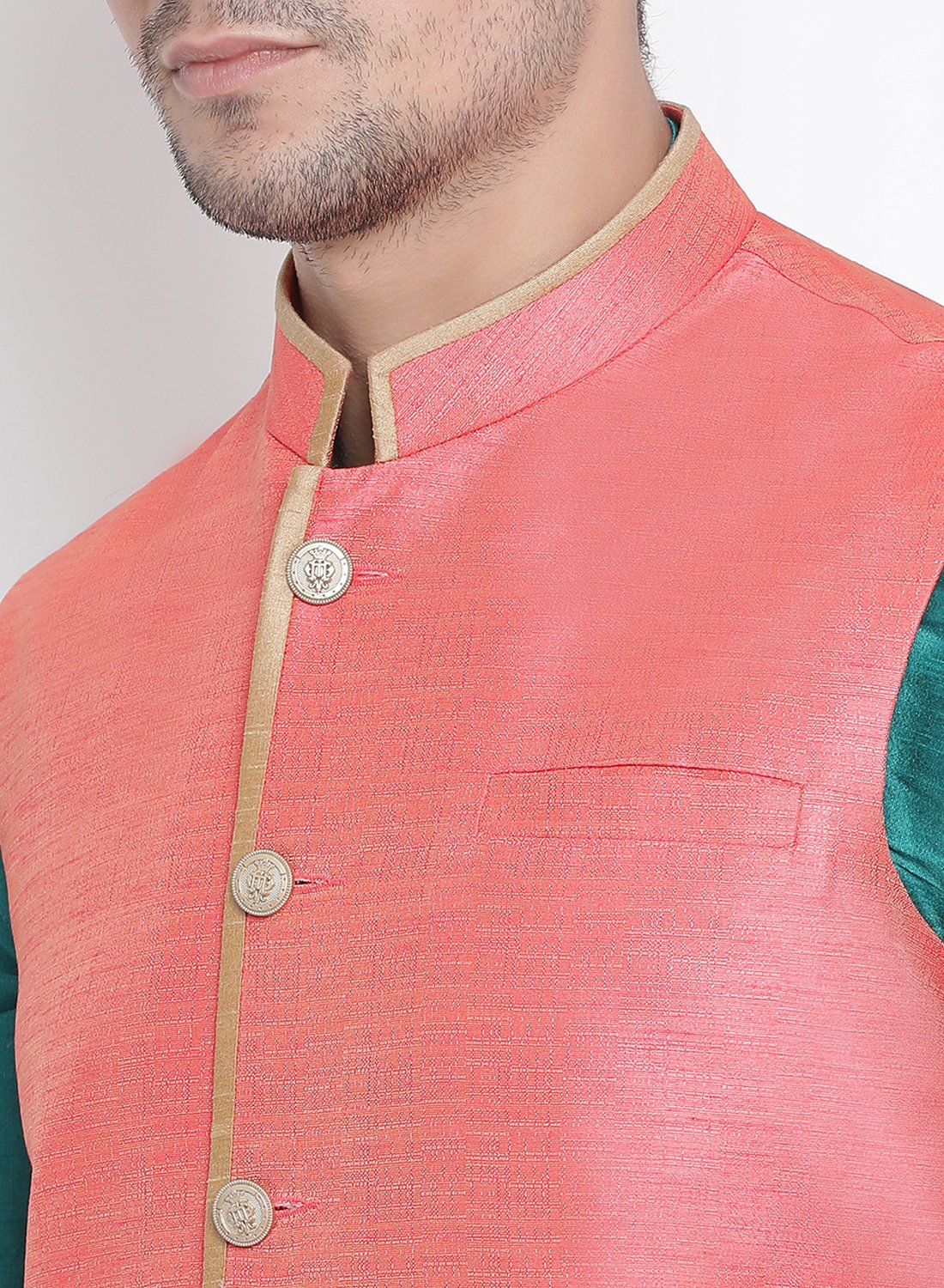 Men's Green Cotton Silk Blend Ethnic Jacket, Kurta and Dhoti Pant Set