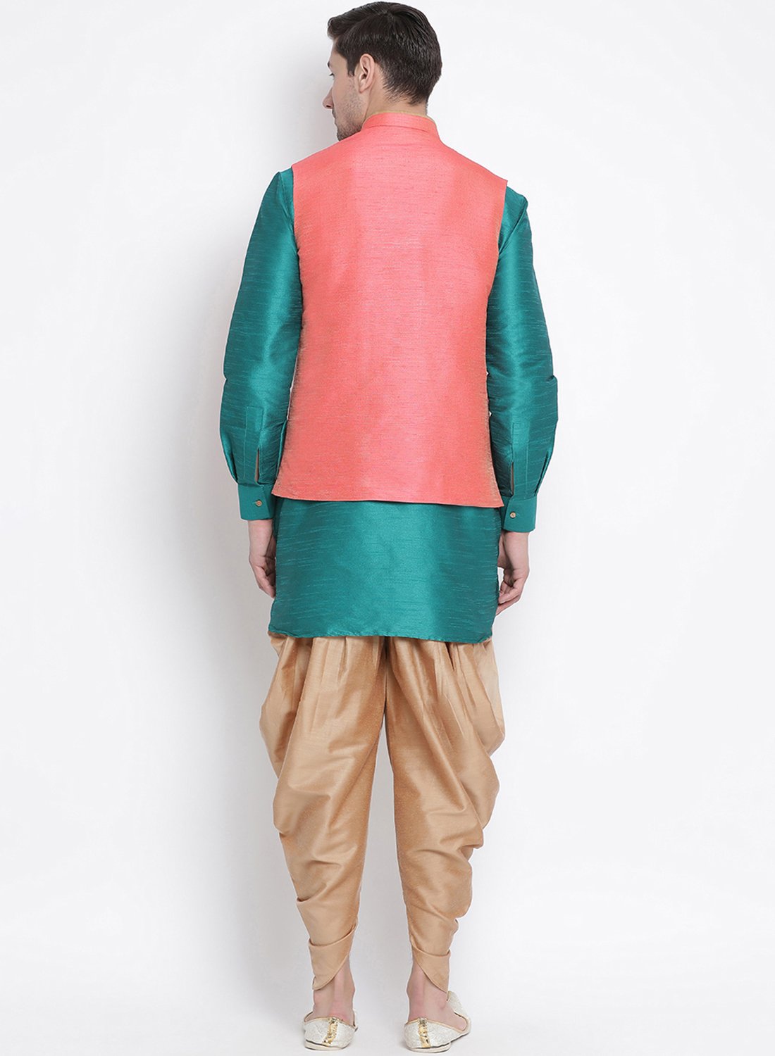 Men's Green Cotton Silk Blend Ethnic Jacket, Kurta and Dhoti Pant Set