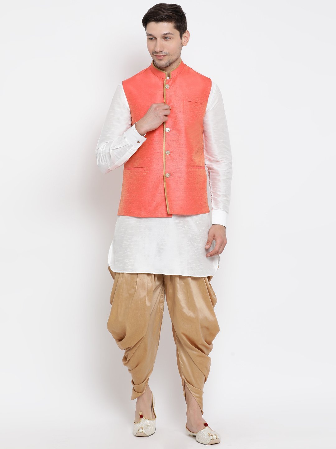 Men's White Cotton Silk Blend Ethnic Jacket, Kurta and Dhoti Pant Set