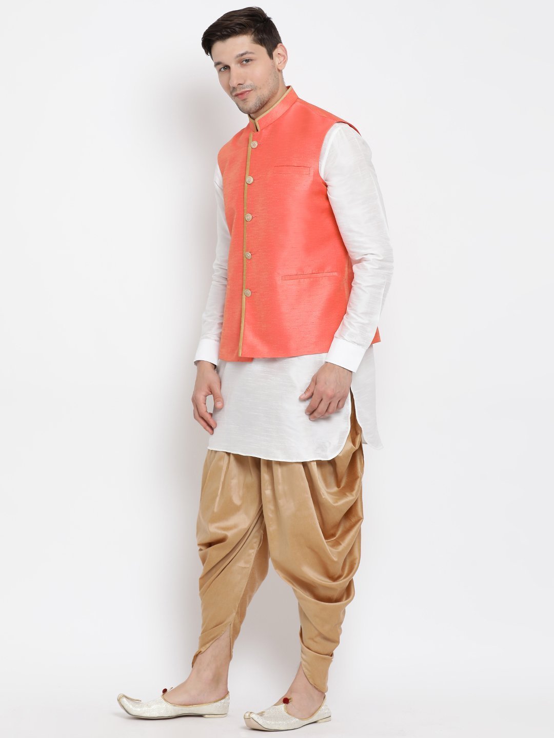 Men's White Cotton Silk Blend Ethnic Jacket, Kurta and Dhoti Pant Set