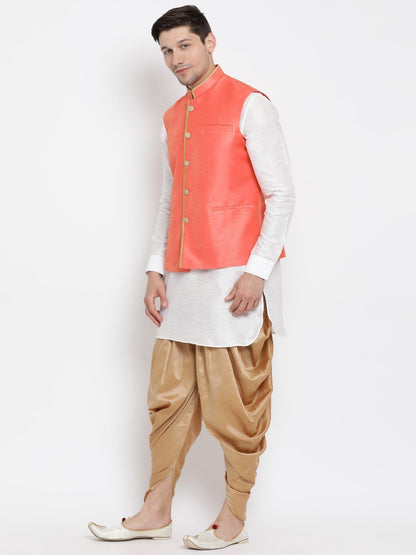 Men's White Cotton Silk Blend Ethnic Jacket, Kurta and Dhoti Pant Set