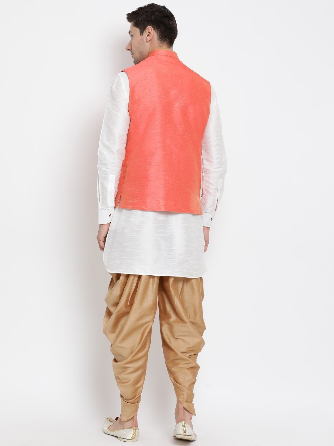 Men's White Cotton Silk Blend Ethnic Jacket, Kurta and Dhoti Pant Set