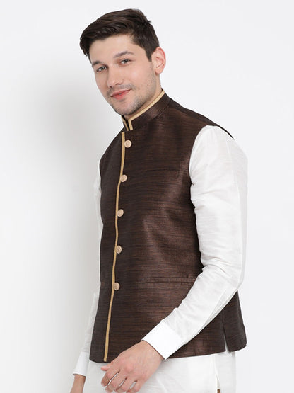 Men's Brown Cotton Silk Blend Ethnic Jacket