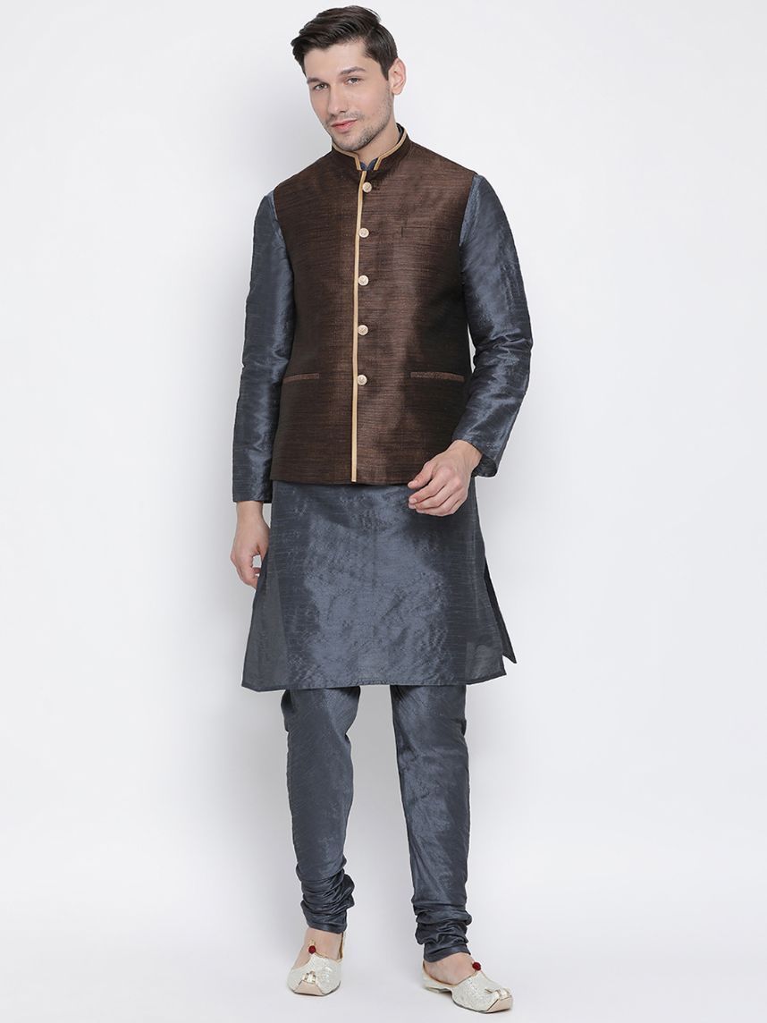 Men's Grey Cotton Silk Blend Kurta, Ethnic Jacket and Pyjama Set