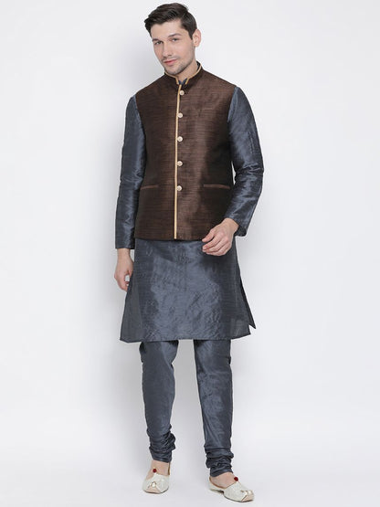 Men's Grey Cotton Silk Blend Kurta, Ethnic Jacket and Pyjama Set