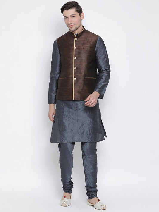 Men's Grey Cotton Silk Blend Kurta, Ethnic Jacket and Pyjama Set