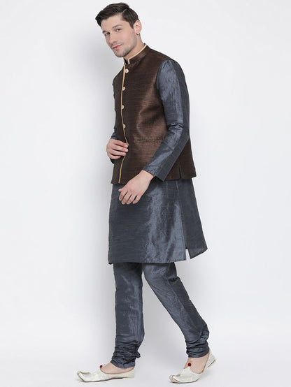 Men's Grey Cotton Silk Blend Kurta, Ethnic Jacket and Pyjama Set