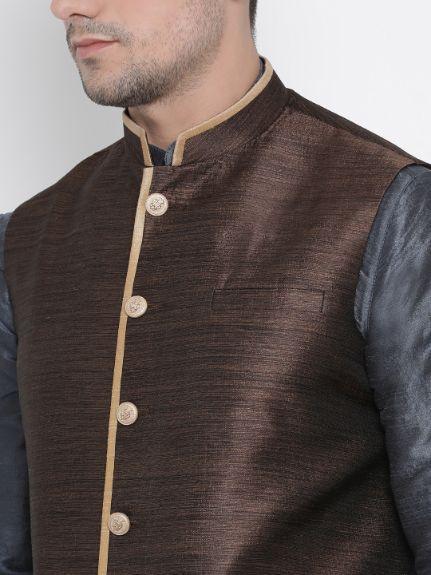 Men's Grey Cotton Silk Blend Kurta, Ethnic Jacket and Pyjama Set