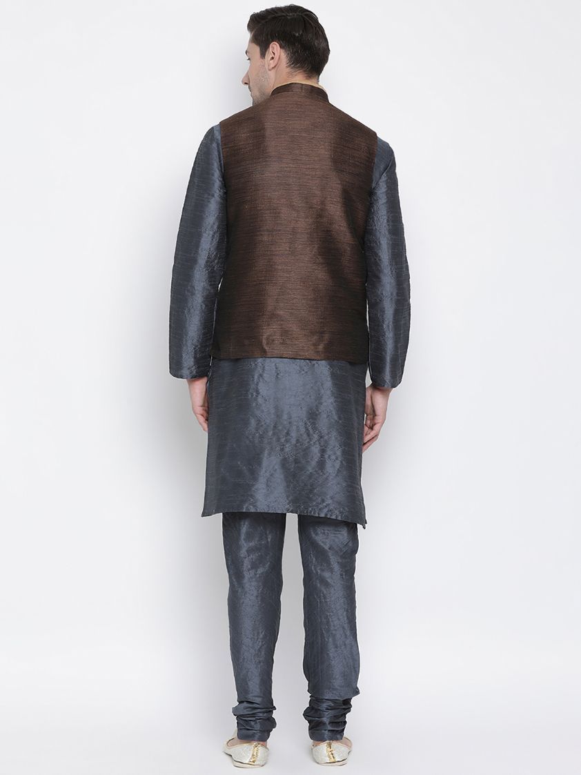 Men's Grey Cotton Silk Blend Kurta, Ethnic Jacket and Pyjama Set