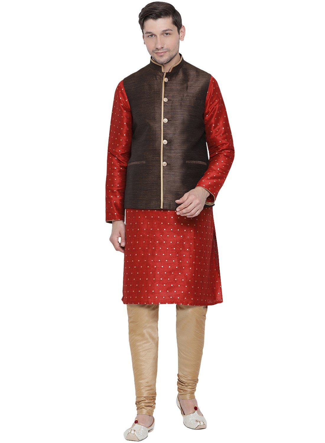 Men's Maroon Cotton Silk Blend Kurta, Ethnic Jacket and Pyjama Set
