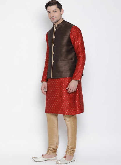 Men's Maroon Cotton Silk Blend Kurta, Ethnic Jacket and Pyjama Set