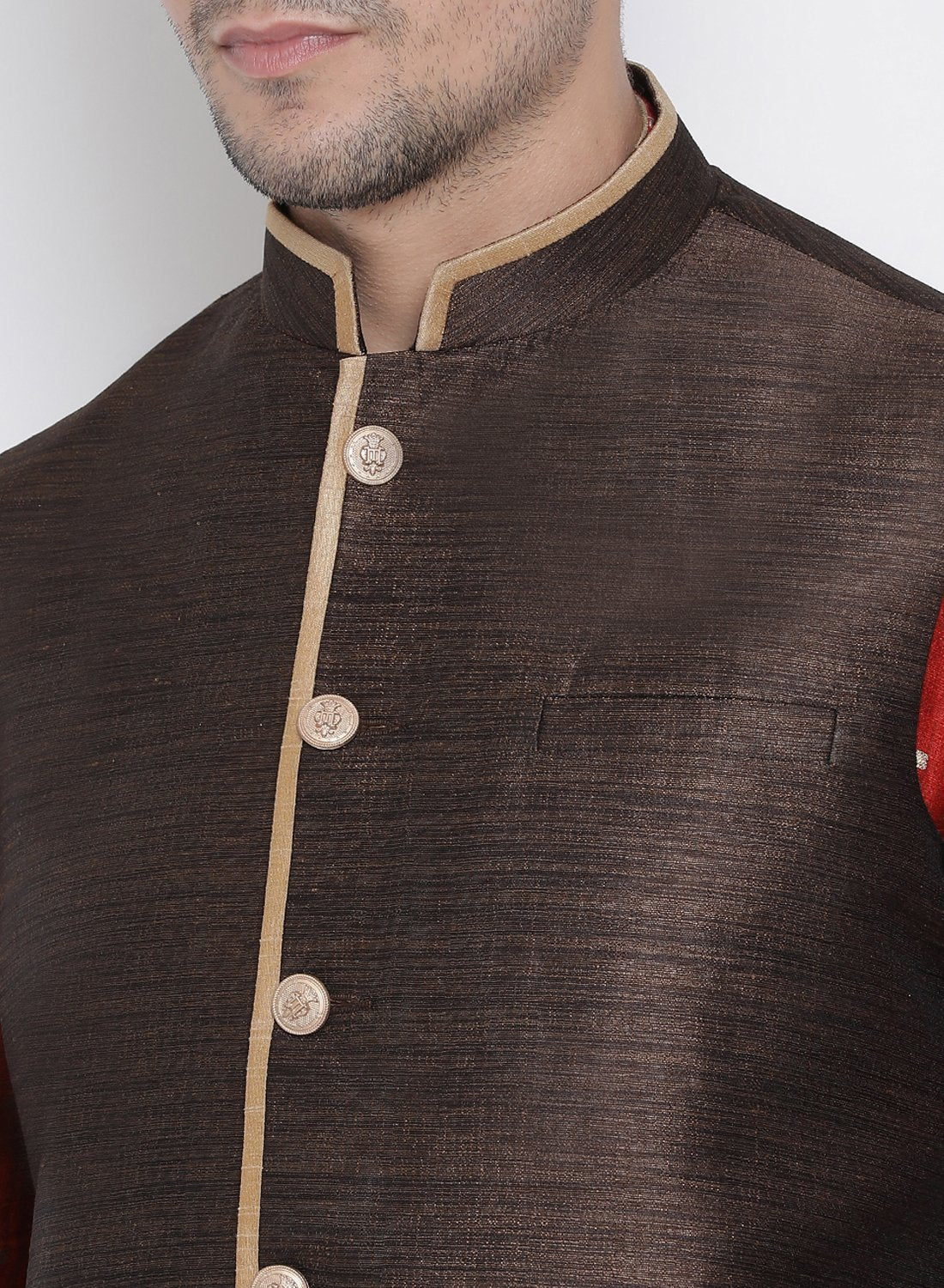 Men's Brown Cotton Silk Blend Ethnic Jacket