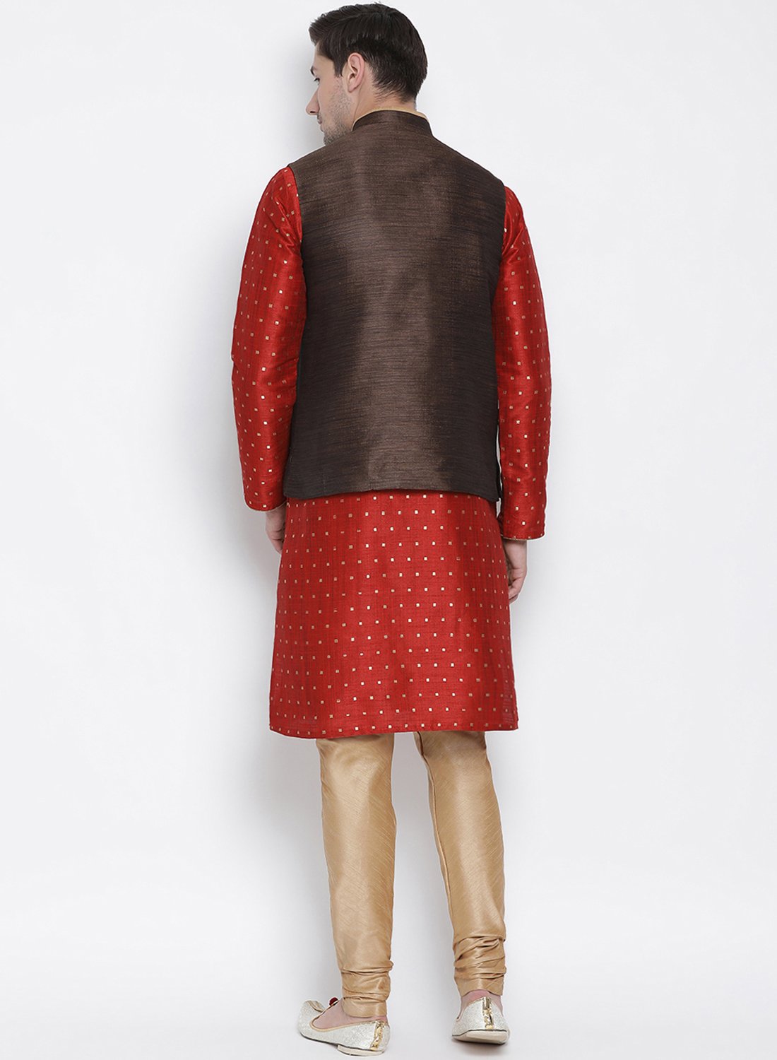 Men's Maroon Cotton Silk Blend Kurta, Ethnic Jacket and Pyjama Set