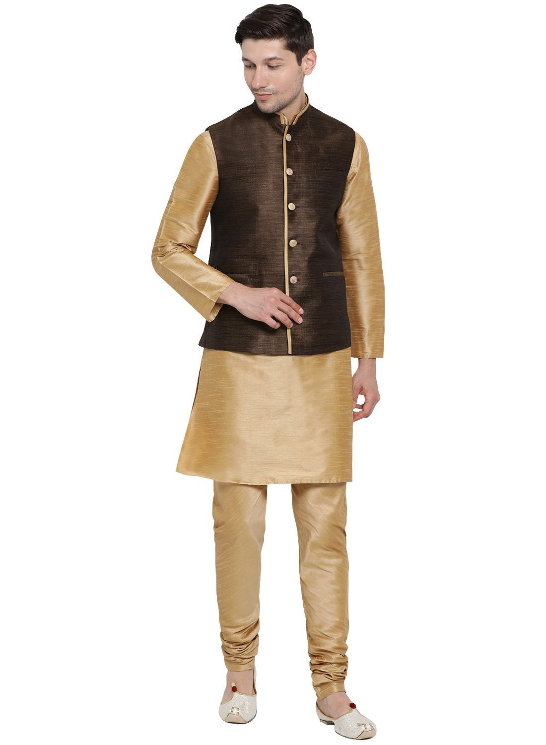 Men's Gold Cotton Silk Blend Kurta, Ethnic Jacket and Pyjama Set