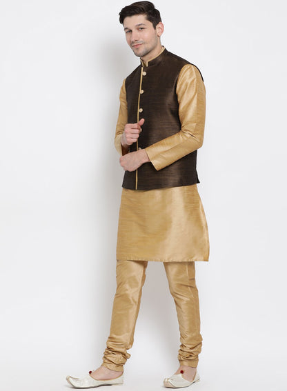 Men's Gold Cotton Silk Blend Kurta, Ethnic Jacket and Pyjama Set