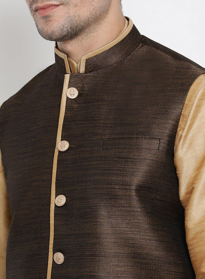 Men's Gold Cotton Silk Blend Kurta, Ethnic Jacket and Pyjama Set