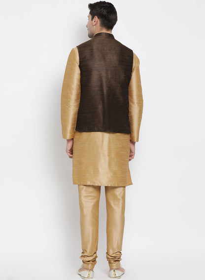 Men's Gold Cotton Silk Blend Kurta, Ethnic Jacket and Pyjama Set