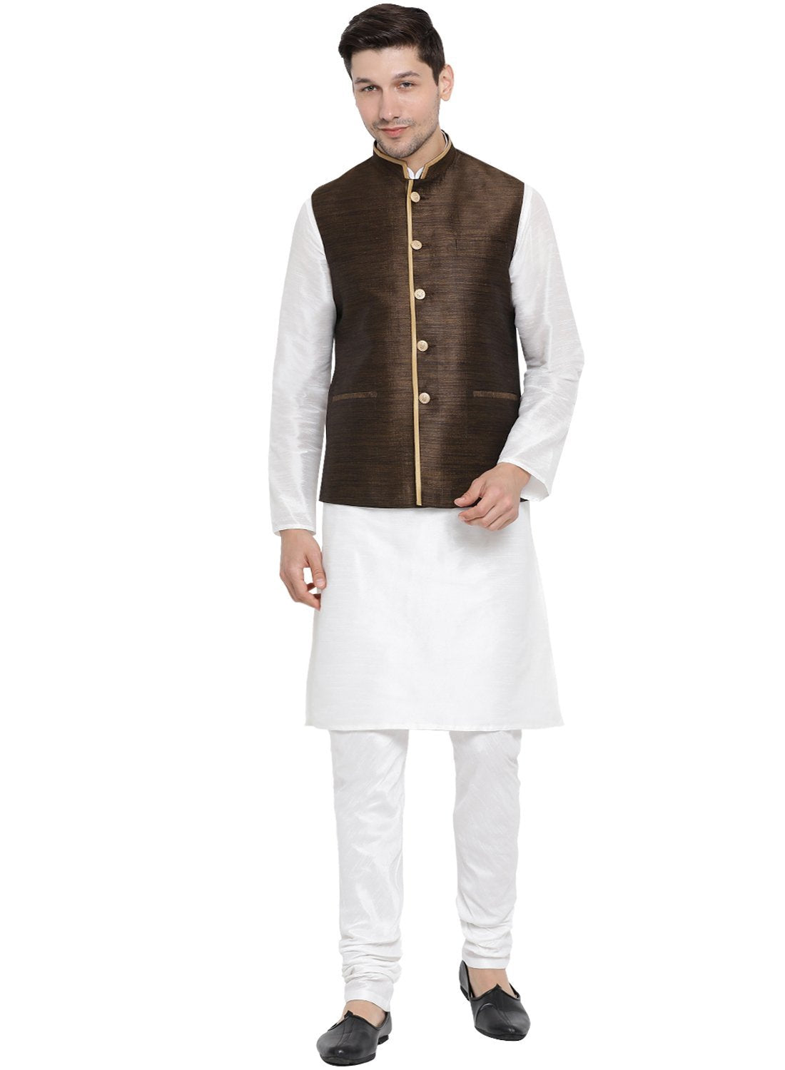 Men's White Cotton Silk Blend Kurta, Ethnic Jacket and Pyjama Set