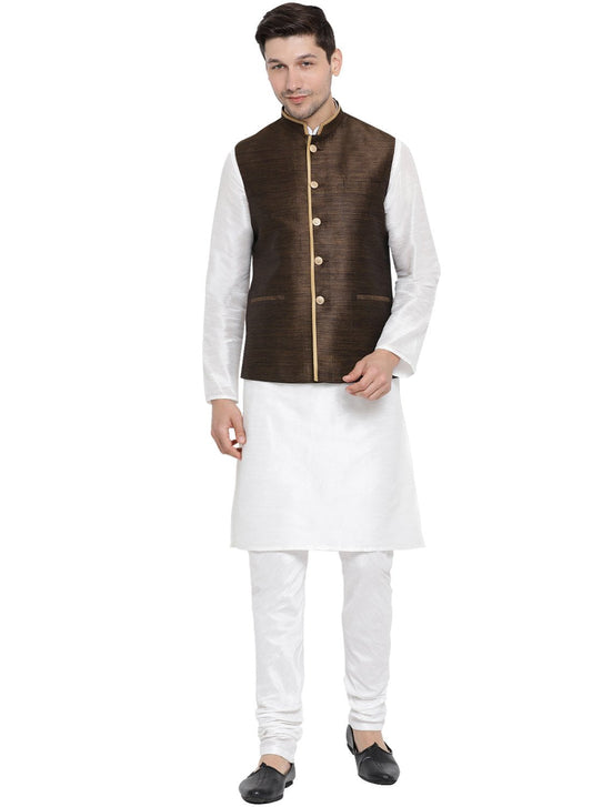 Men's White Cotton Silk Blend Kurta, Ethnic Jacket and Pyjama Set