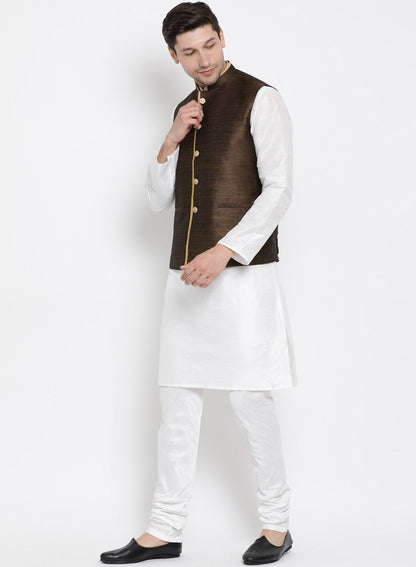 Men's White Cotton Silk Blend Kurta, Ethnic Jacket and Pyjama Set