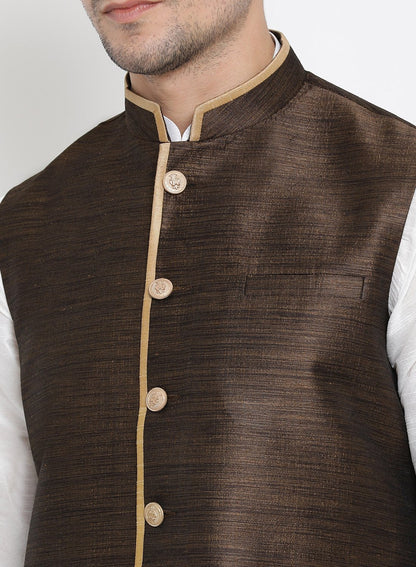Men's White Cotton Silk Blend Kurta, Ethnic Jacket and Pyjama Set