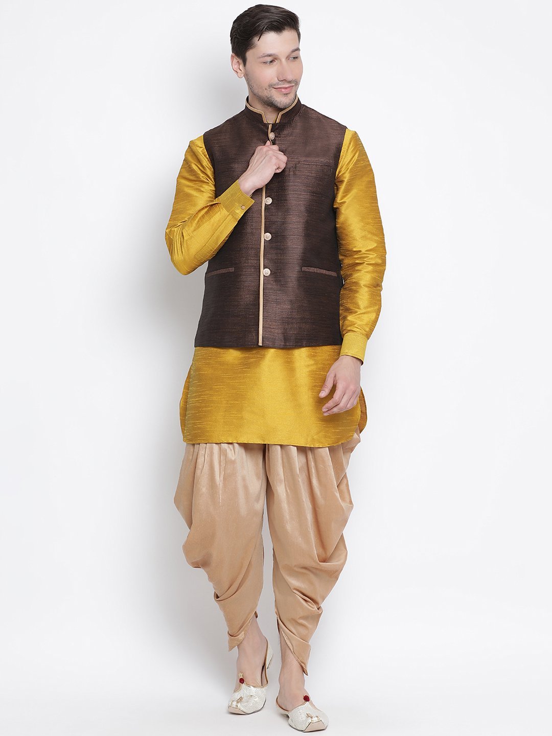 Men's Yellow Cotton Silk Blend Ethnic Jacket, Kurta and Dhoti Pant Set