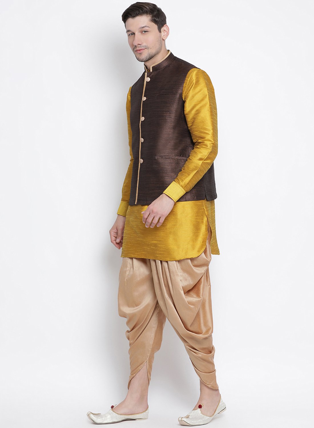 Men's Yellow Cotton Silk Blend Ethnic Jacket, Kurta and Dhoti Pant Set