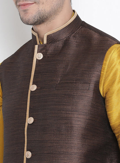 Men's Yellow Cotton Silk Blend Ethnic Jacket, Kurta and Dhoti Pant Set