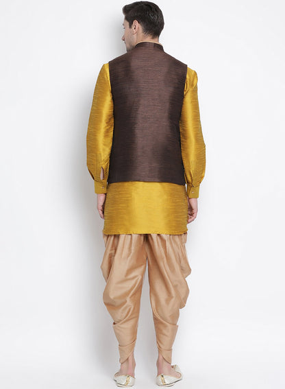 Men's Yellow Cotton Silk Blend Ethnic Jacket, Kurta and Dhoti Pant Set