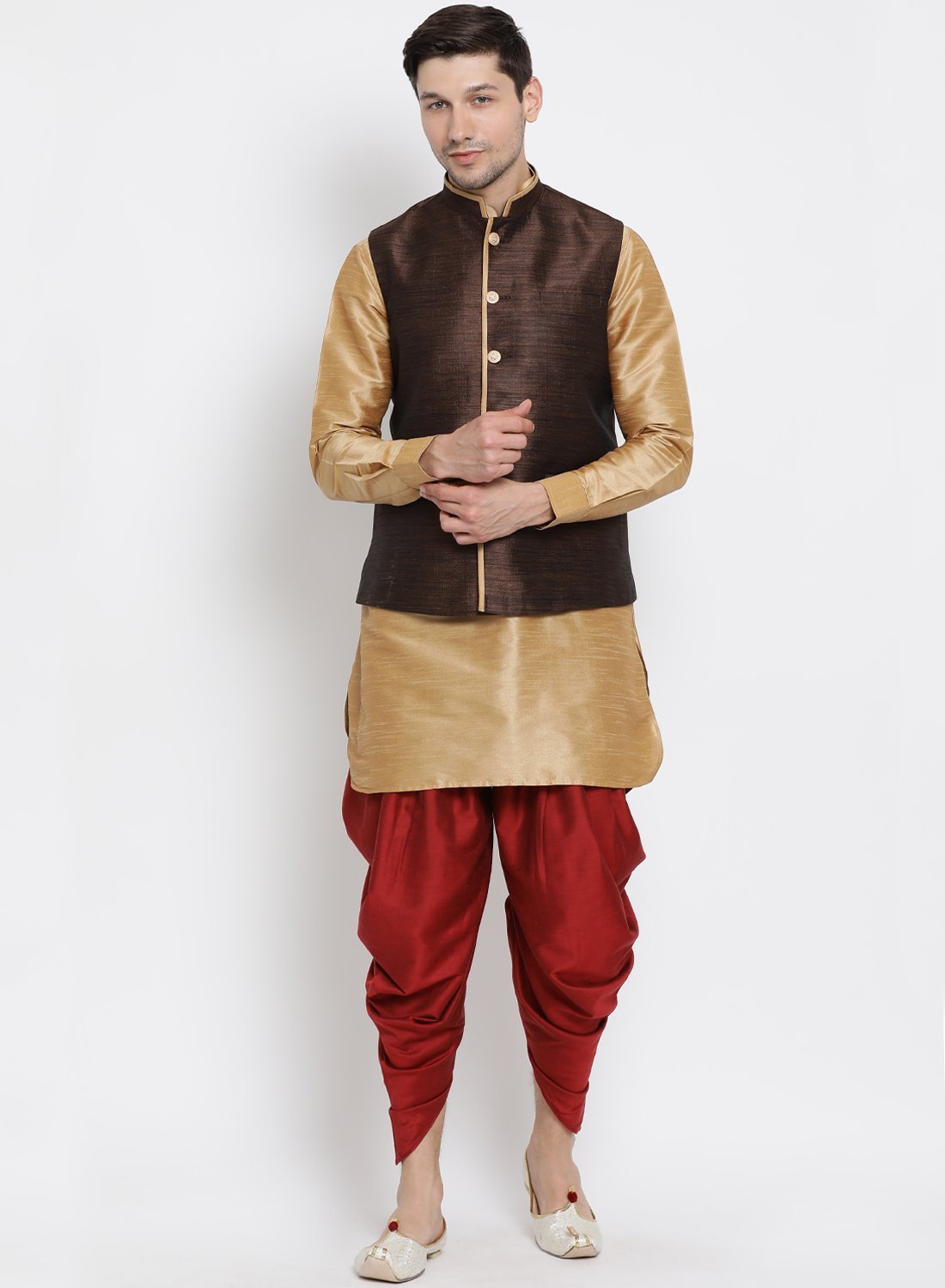 Men's Gold Cotton Silk Blend Ethnic Jacket, Kurta and Dhoti Pant Set