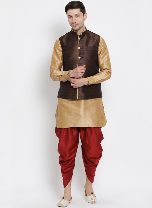 Men's Gold Cotton Silk Blend Ethnic Jacket, Kurta and Dhoti Pant Set