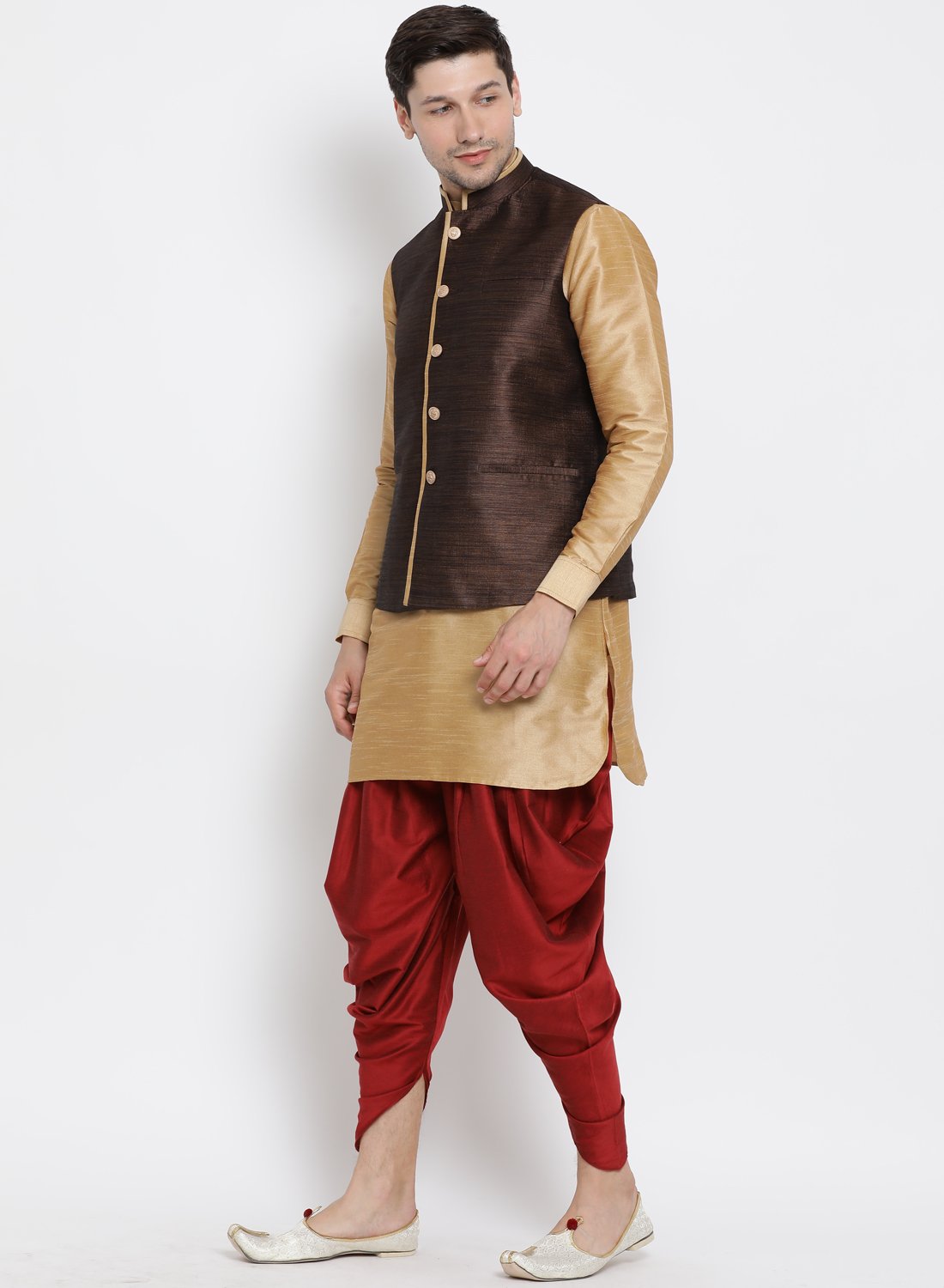 Men's Gold Cotton Silk Blend Ethnic Jacket, Kurta and Dhoti Pant Set