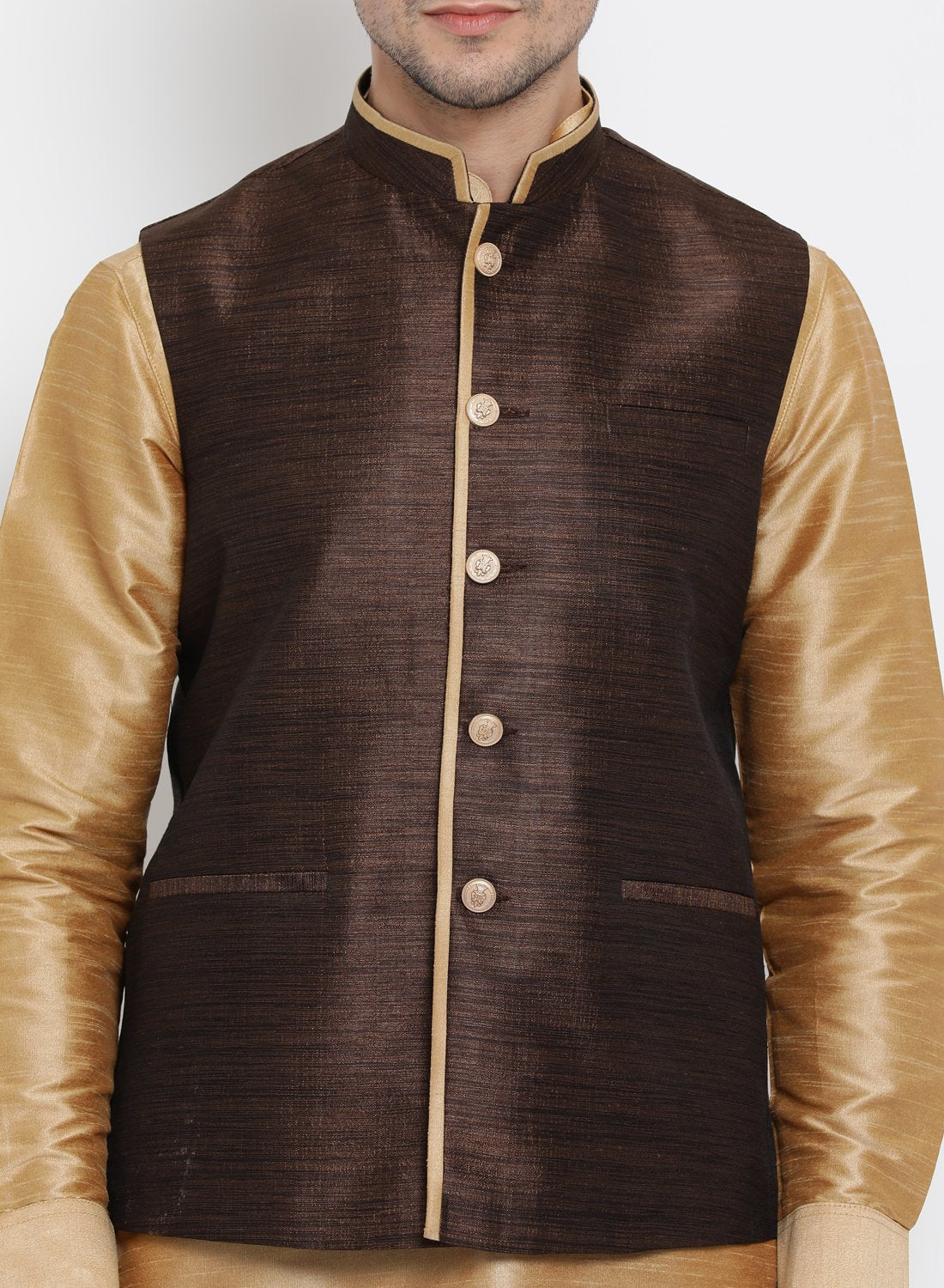 Men's Gold Cotton Silk Blend Ethnic Jacket, Kurta and Dhoti Pant Set