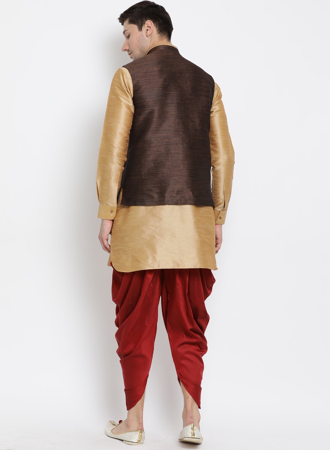 Men's Gold Cotton Silk Blend Ethnic Jacket, Kurta and Dhoti Pant Set