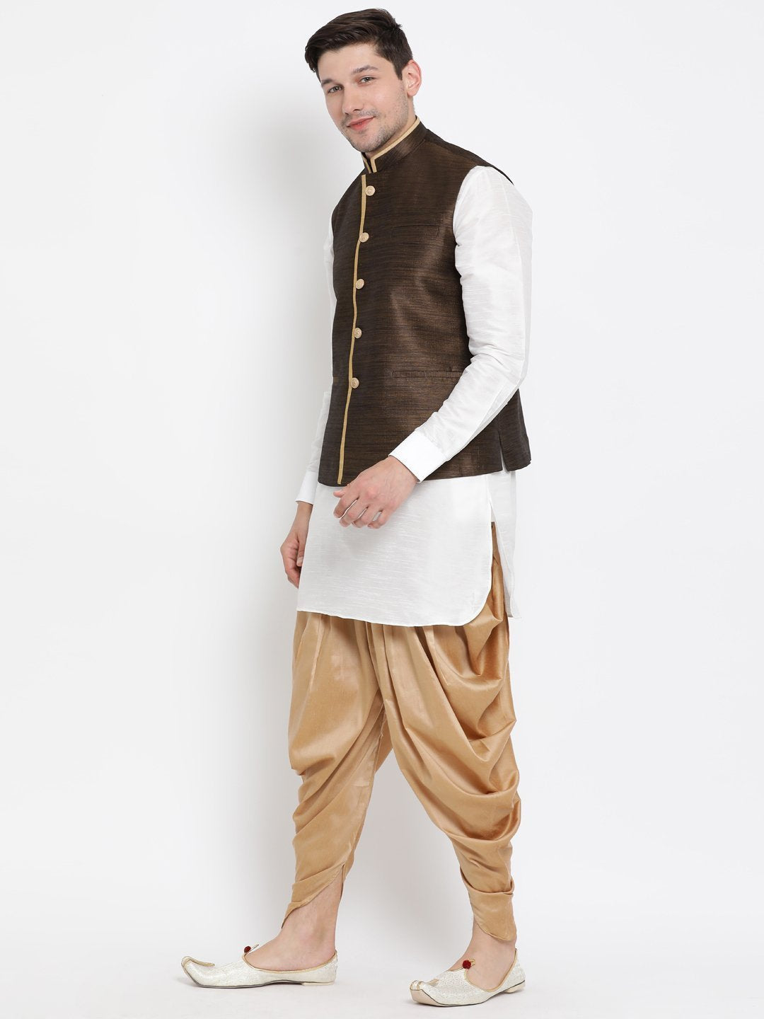Men's White Cotton Silk Blend Ethnic Jacket, Kurta and Dhoti Pant Set