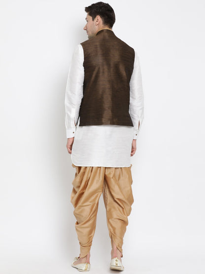 Men's White Cotton Silk Blend Ethnic Jacket, Kurta and Dhoti Pant Set