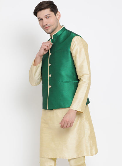 Men's Green Cotton Silk Blend Ethnic Jacket