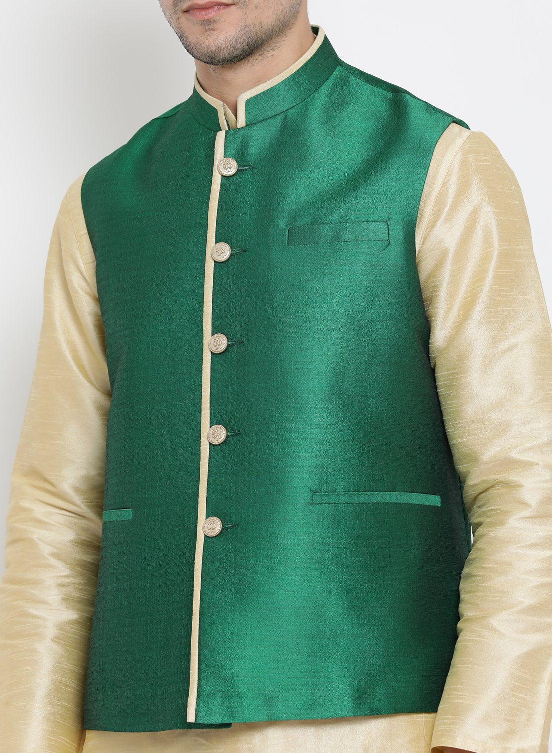 Men's Green Cotton Silk Blend Ethnic Jacket