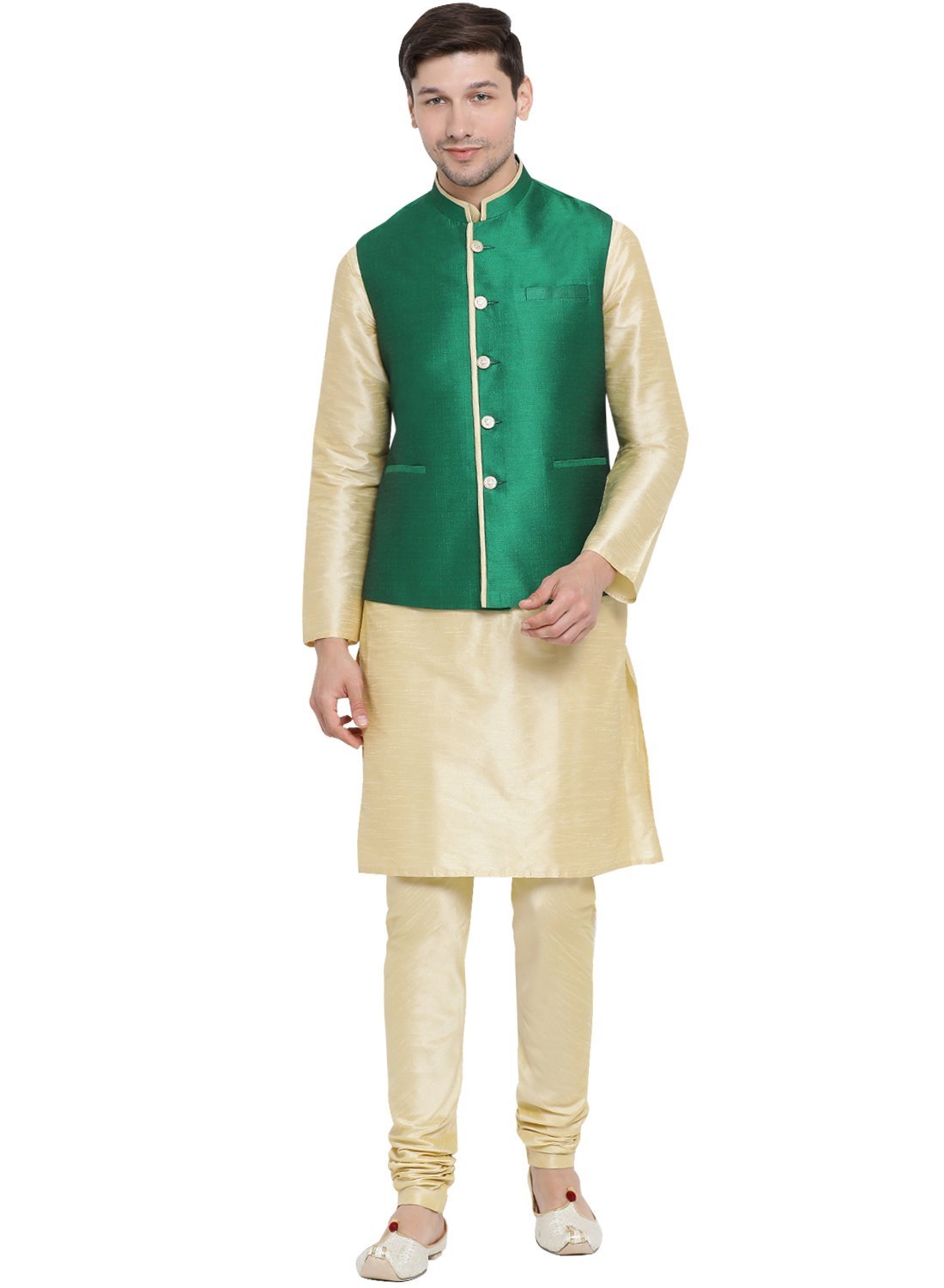Men's Gold Cotton Silk Blend Kurta, Ethnic Jacket and Pyjama Set
