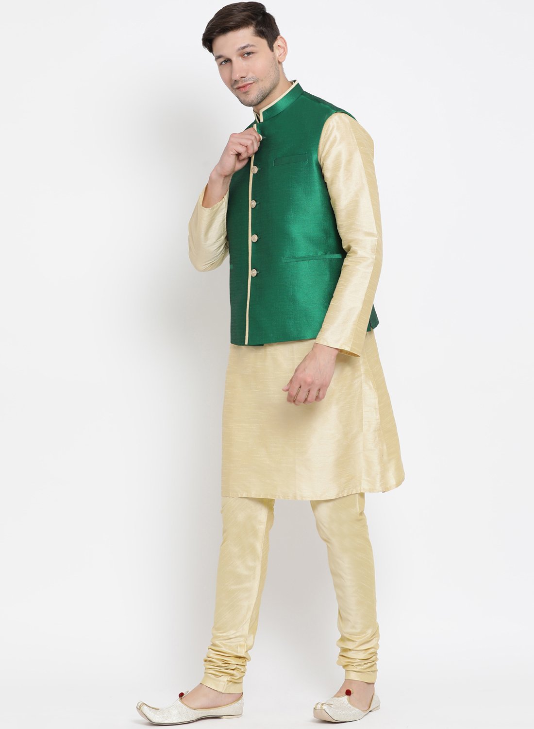 Men's Gold Cotton Silk Blend Kurta, Ethnic Jacket and Pyjama Set