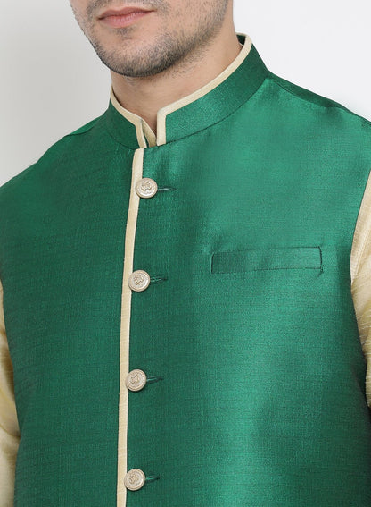 Men's Gold Cotton Silk Blend Kurta, Ethnic Jacket and Pyjama Set