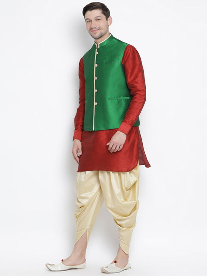 Men's Maroon Cotton Silk Blend Ethnic Jacket, Kurta and Dhoti Pant Set