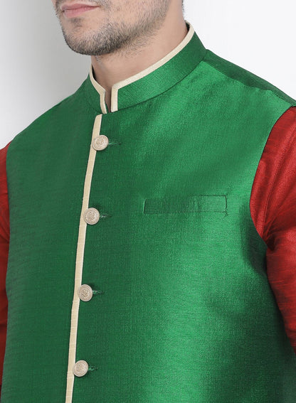 Men's Maroon Cotton Silk Blend Ethnic Jacket, Kurta and Dhoti Pant Set