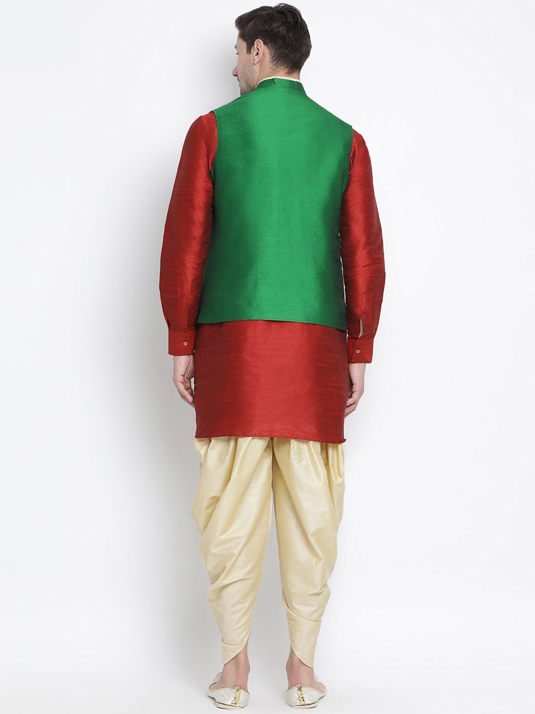 Men's Maroon Cotton Silk Blend Ethnic Jacket, Kurta and Dhoti Pant Set