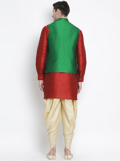 Men's Maroon Cotton Silk Blend Ethnic Jacket, Kurta and Dhoti Pant Set