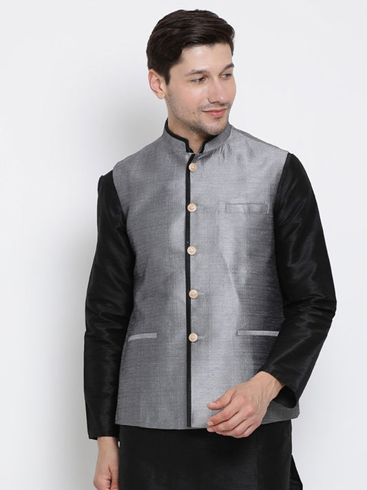Men's Grey Cotton Silk Blend Ethnic Jacket
