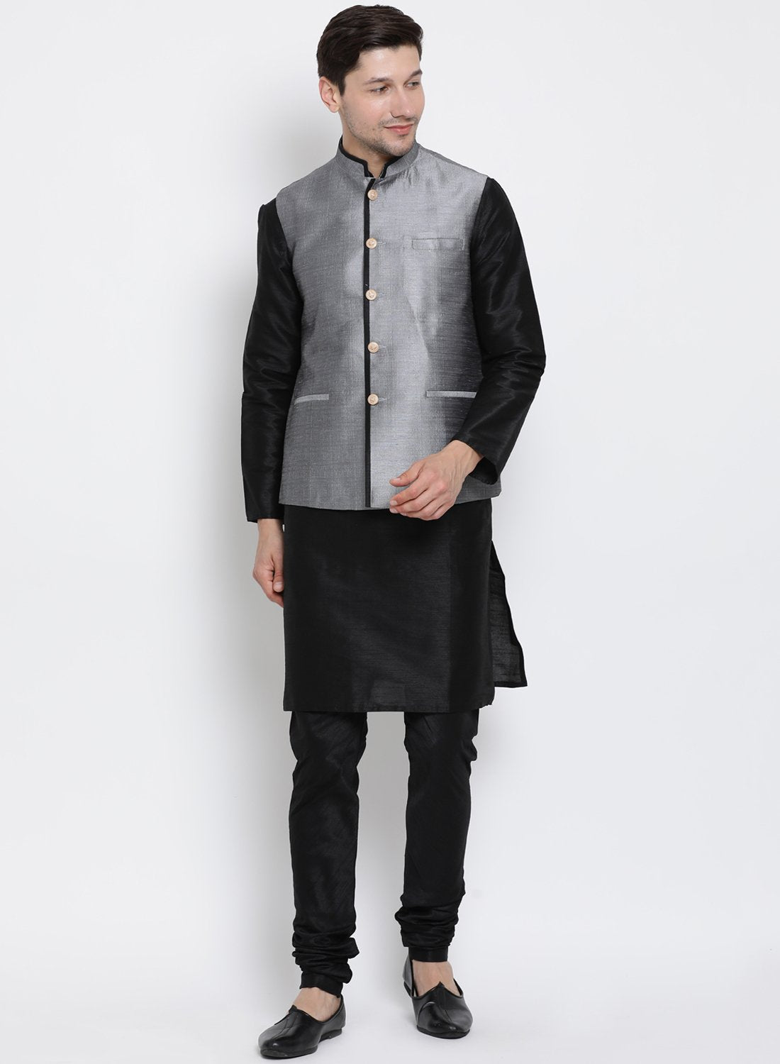 Men's Grey Cotton Silk Blend Ethnic Jacket