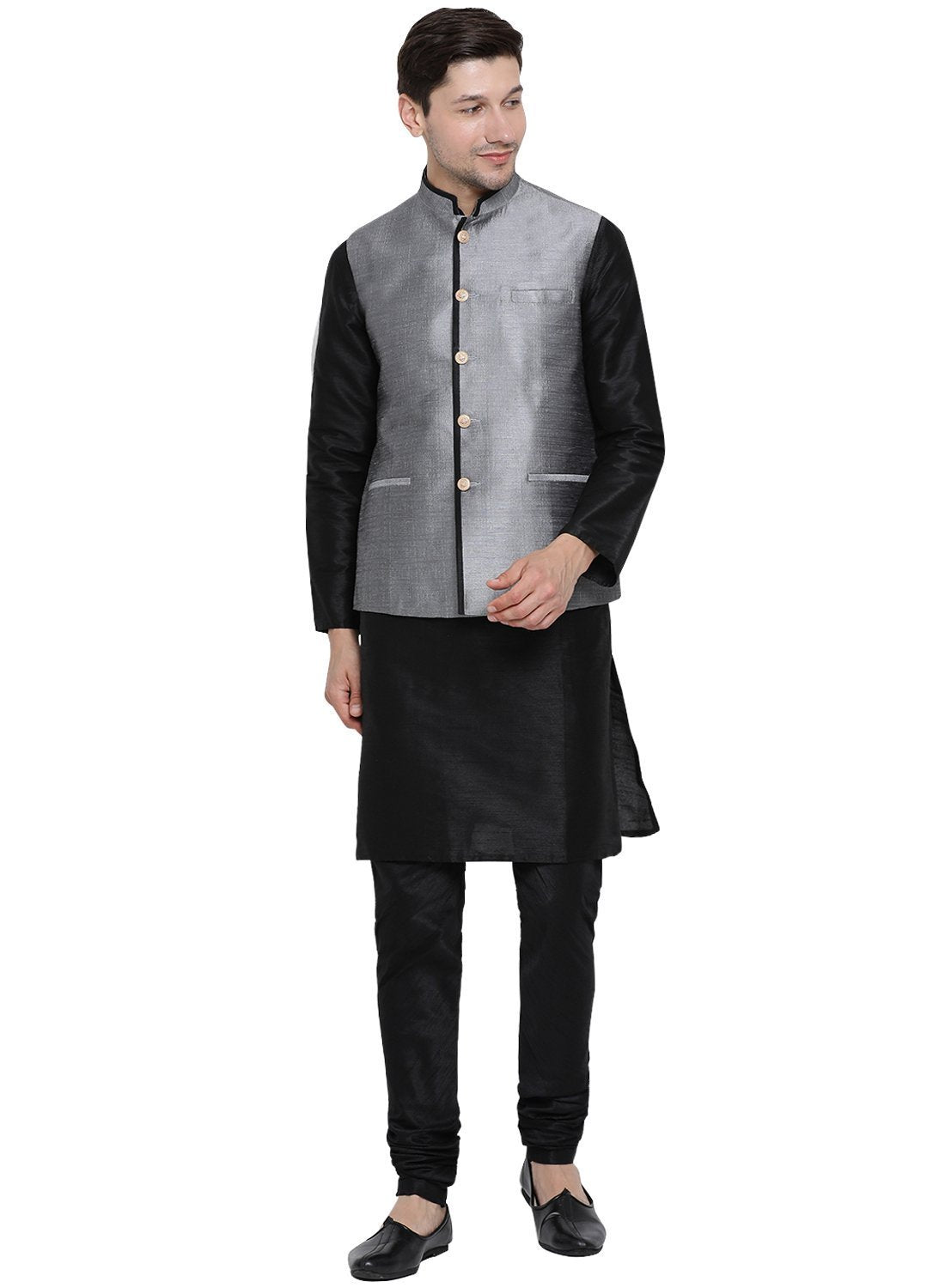 Men's Black Cotton Silk Blend Kurta, Ethnic Jacket and Pyjama Set